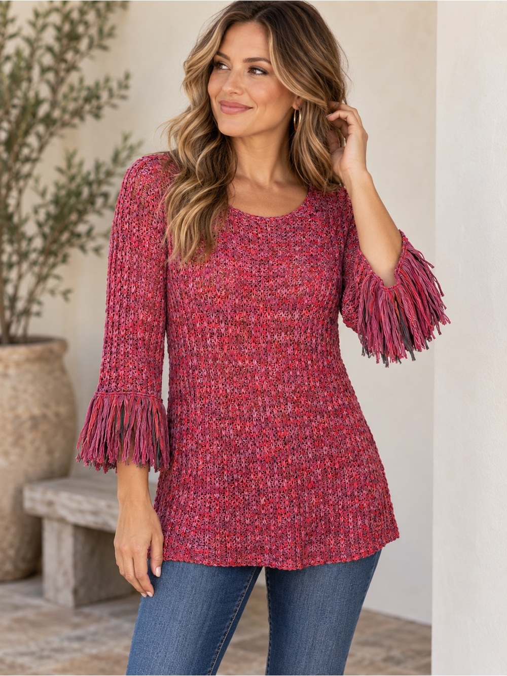 NIC+ZOE Women’s Small Pink Red Open Knit Fringe Sleeve Sweater Tunic Boho